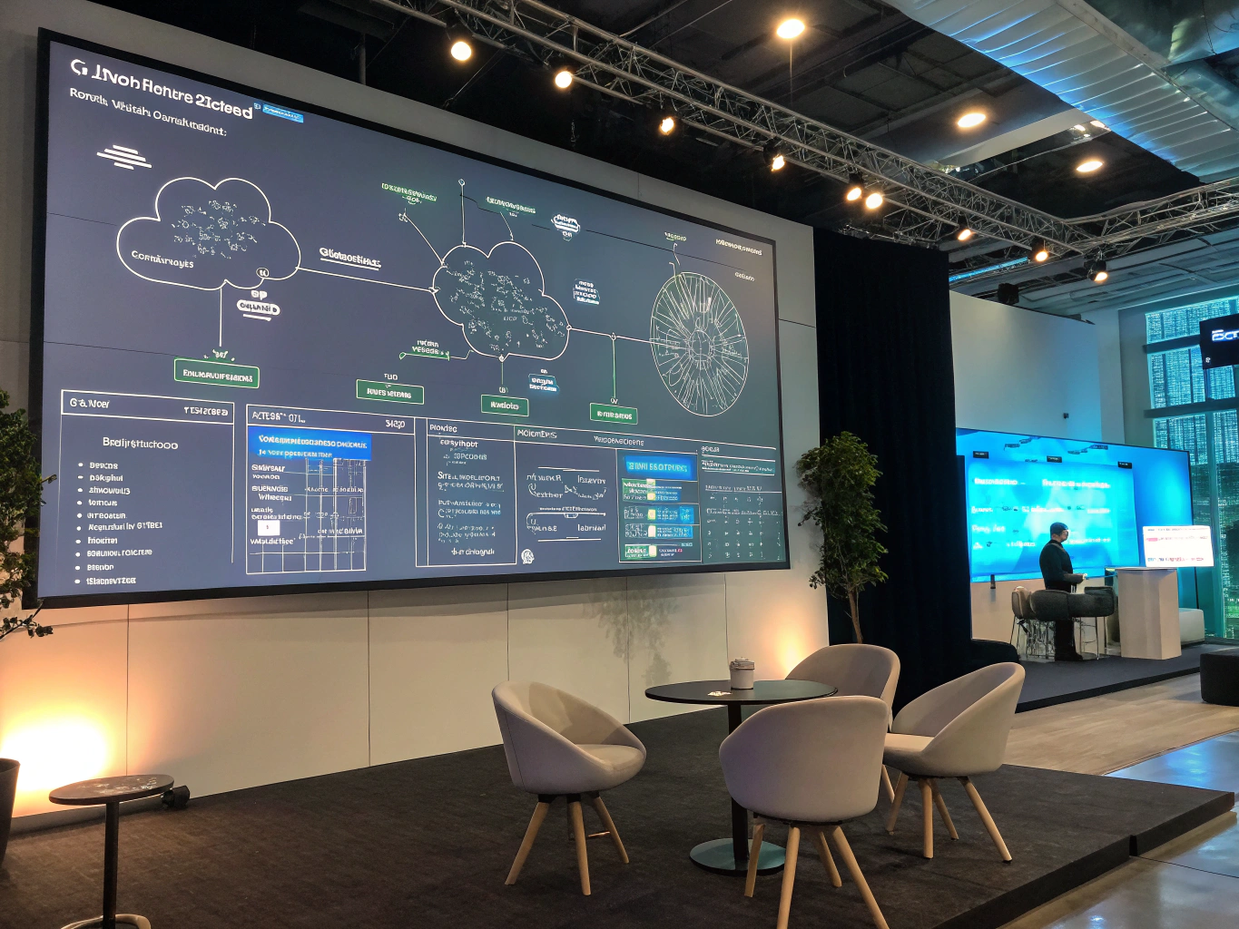 Modern engineering workspace with multi-tier software architecture diagrams displayed on computer monitors.